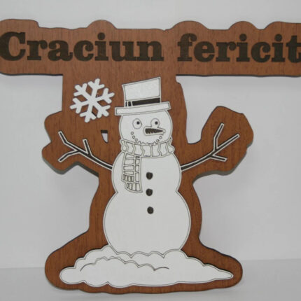 Decoratiune Om de zapada din lemn Craciun fericit